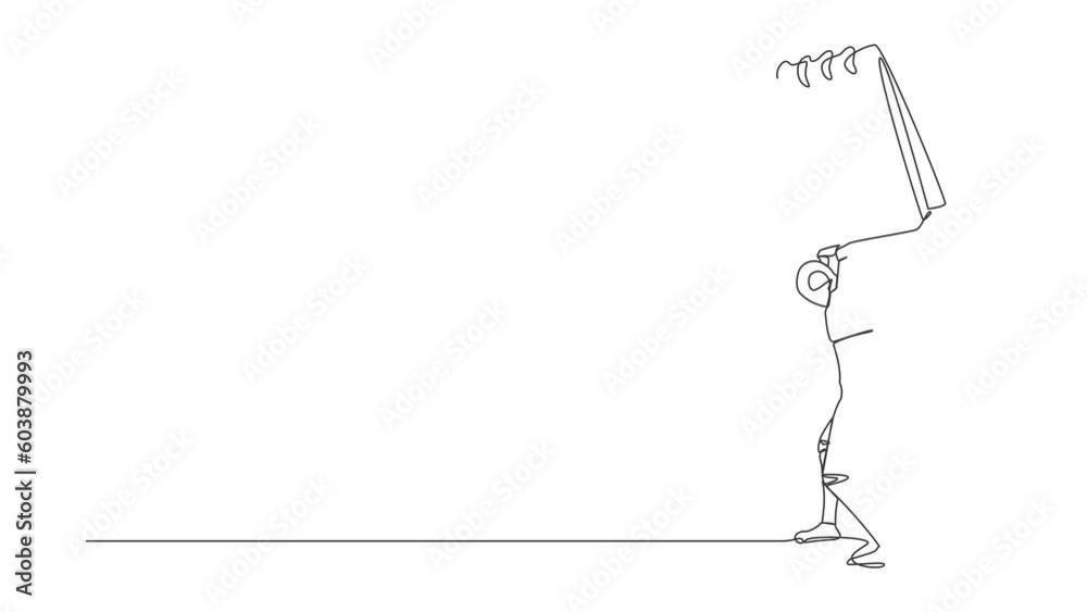 Poster self drawing animation of single line draw tired robot carrying calendar on his back. cyborg with wo