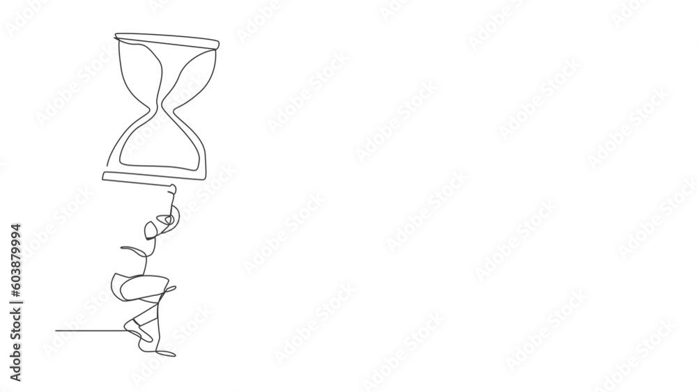 Poster animated self drawing of continuous line draw of tired robot carrying hourglass on his back. robot w