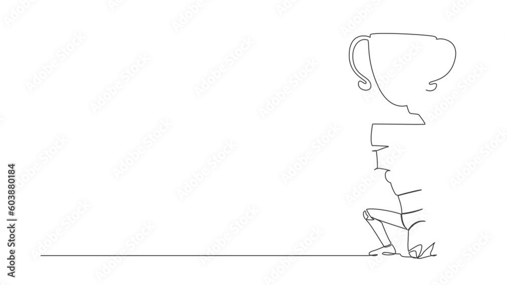 Poster animated self drawing of continuous one line draw tired robot carrying trophy on back. robot fail to