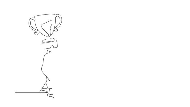 Animated self drawing of continuous line draw Arab businesswoman carrying heavy trophy on her back. Female worker fail to achieve goal. Delayed career path at office. Full length one line animation