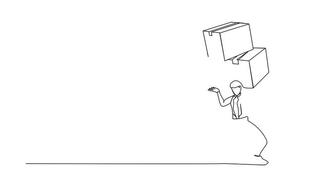 Animated self drawing of continuous line draw frustrated businesswoman carrying stack of boxes on her back. Overworked worker with pile of cardboard. Stress at work. Full length single line animation