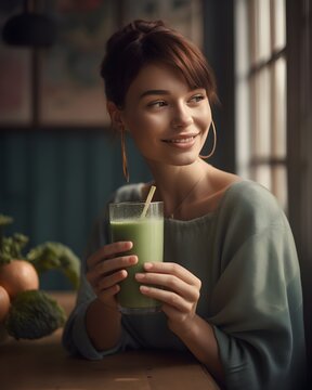 Beautiful Woman Enjoying a Fresh Healthy Smoothie: Embodying a Wellness Lifestyle, Vitamin Rich Diet and Detox, Natural Foods, Health-Conscious Nutrition
