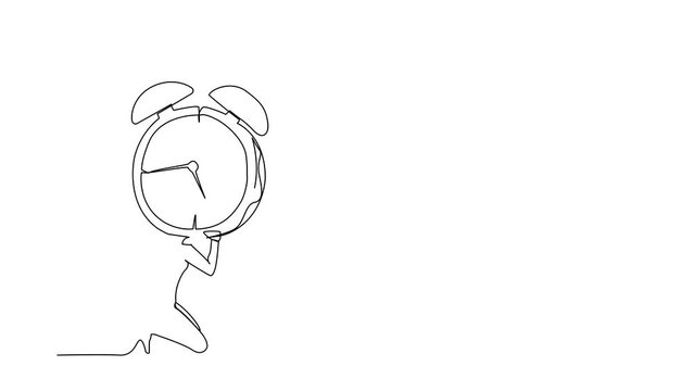 Animated self drawing of continuous line draw frustrated businesswoman carrying alarm clock on her back. Stressed employee with work pressure or business goal project. Full length one line animation