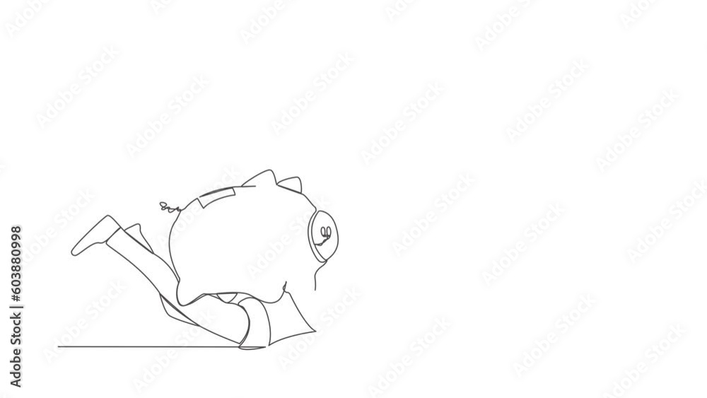 Poster animated self drawing of continuous line draw stressed robot under heavy piggy bank burden. broke an