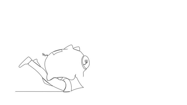 Animated self drawing of continuous line draw stressed robot under heavy piggy bank burden. Broke and financial problems in tech industry. Future robotic development. Full length single line animation