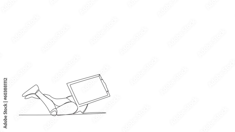 Poster animated self drawing of continuous line draw stress robot under heavy clipboard burden. busy robot 