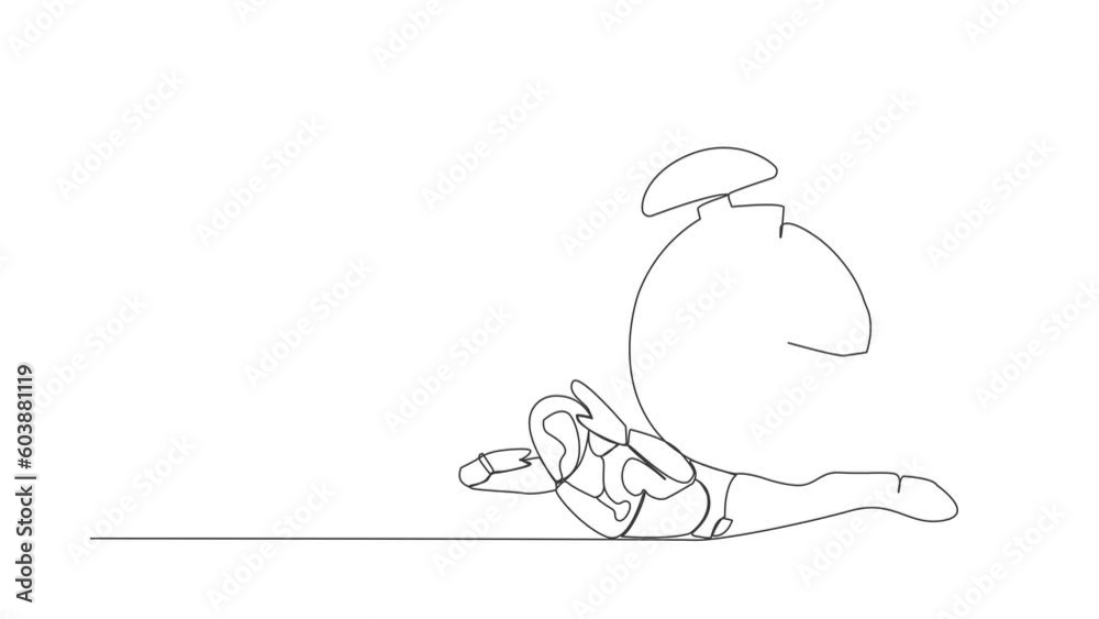 Poster self drawing animation of single line draw robot under alarm clock burden. work pressure at tech bus