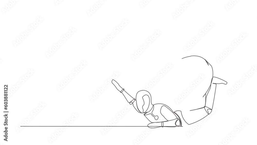 Poster self drawing animation of single line draw robot under wall clock burden. robot work within deadline
