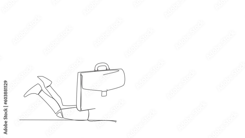 Poster animated self drawing of continuous line draw robot under briefcase burden. pressure from too much r