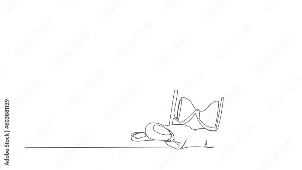 Poster self drawing animation of single line draw stressed robot under heavy hourglass burden. robot with d