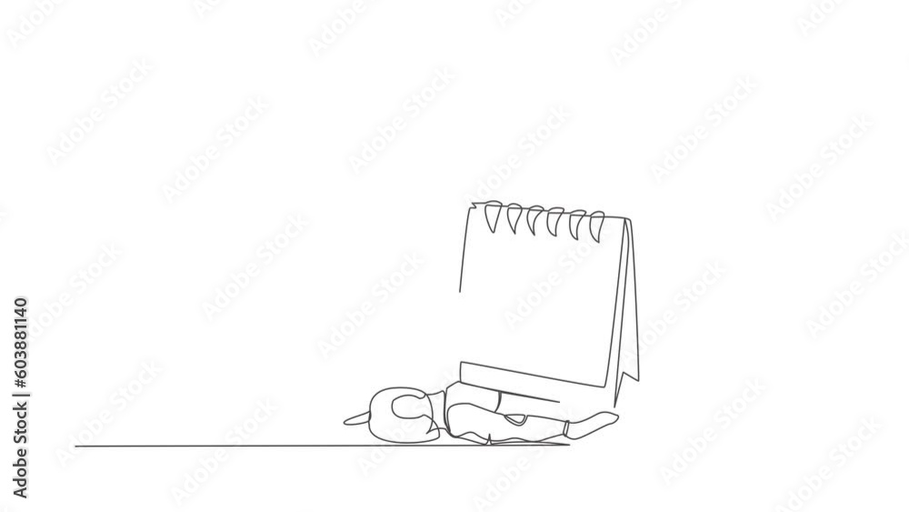 Poster animated self drawing of continuous line draw stressed robot under calendar burden. tired robot with