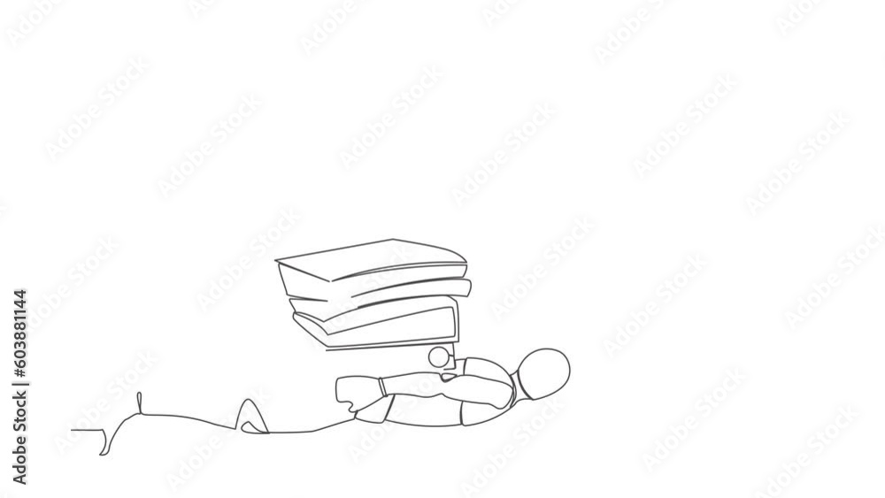 Poster self drawing animation of single one line draw robot under pile paper burden. tired robot cannot cop
