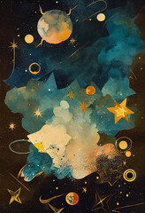 Fototapeta na wymiar Star-filled night sky with moon - graphic resource. A rich watercolour textured painting, using gold foil and paint, and collage, in a retro collage style, against the night sky background. Ai.