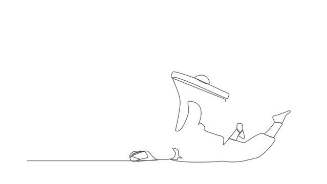 Self drawing animation of single line draw Arabian businessman under heavy megaphone burden. Conflict and trouble in communication. Bullying, harassment at work. Continuous line. Full length animated