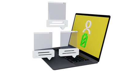 laptop with 3D cartoon animated illustration with chat and love window symbols