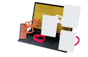 laptop with 3D cartoon animated illustration with chat and love window symbols