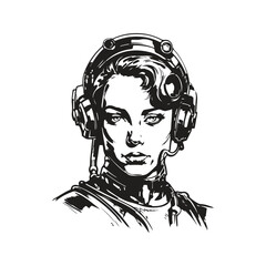 cyborg girl, vintage logo line art concept black and white color, hand drawn illustration