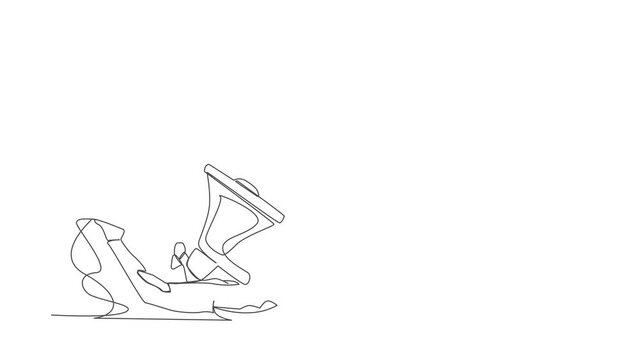 Self drawing animation of single one line draw depressed businessman under heavy megaphone burden. Conflict and trouble in communication. Harassment at work. Continuous line draw. Full length animated