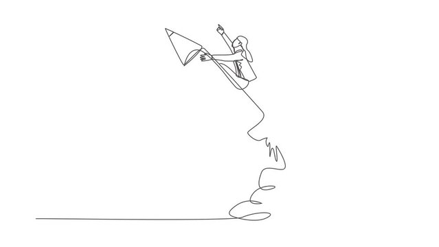 Animated self drawing of continuous line draw businesswoman riding pencil rocket flying in sky. Creativity idea lead way, education or knowledge help career development. Full length one line animation