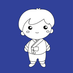 Cute Kids Wearing Korean Traditional Hanbok Digital Stamp Outline Cartoon