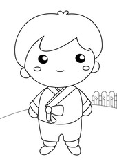 Korea Traditional Culture Couple Family Building Hanok Hanbok Coloring Pages A4 for Kids and Adult