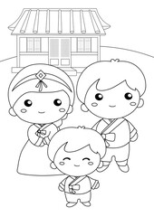 Korea Traditional Culture Couple Family Building Hanok Hanbok Coloring Pages A4 for Kids and Adult