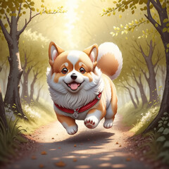 Cute and adorable little corgi running through the sunny forest. Generative AI