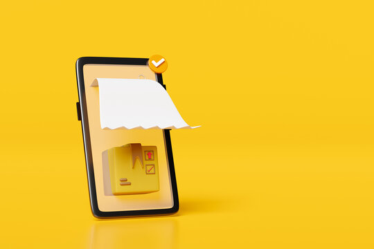 mobile phone, smartphone with delivery receipt, goods cardboard box isolated on yellow background. online shopping, search data order tracking concept, 3d illustration or 3d render, clipping path