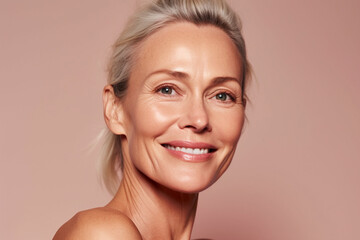 Beautiful smiling woman aged 50 model with natural makeup clean face beige warm background