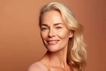 Beautiful smiling woman aged 50 model with natural makeup clean face beige warm background, Generative AI	