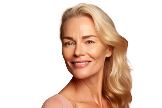 Beautiful smiling woman aged 50 model with natural makeup clean face beige warm background, isolated, png, Generative AI