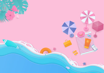 Fototapeta na wymiar The sea wave with beach umbrella on pink background