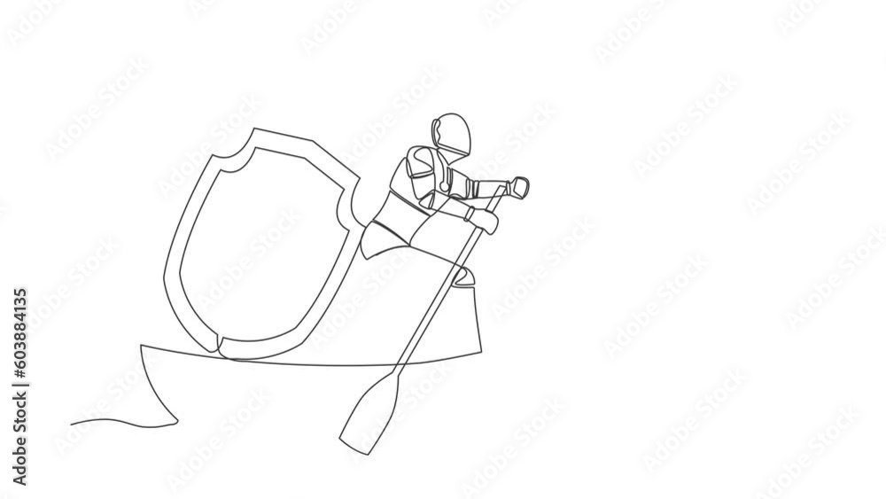 Poster animated self drawing of continuous one line draw robot sailing away on boat with shield. security a