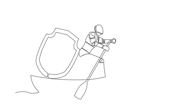 Animated self drawing of continuous one line draw robot sailing away on boat with shield. Security and insurance in tech company. Humanoid robot cybernetic organism. Full length single line animation