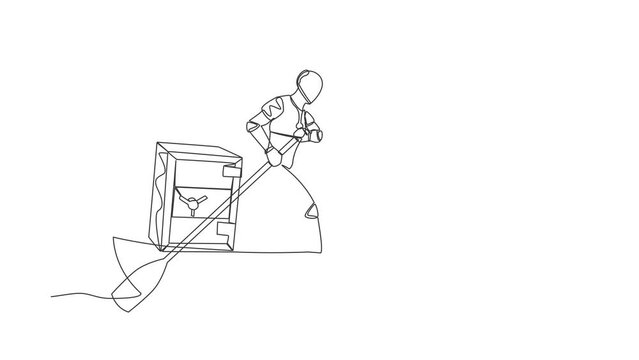 Self drawing animation of single line draw intelligence robot standing in boat sailing with safe deposit box. Escape with money. Criminal stole from bank. Continuous line draw. Full length animated