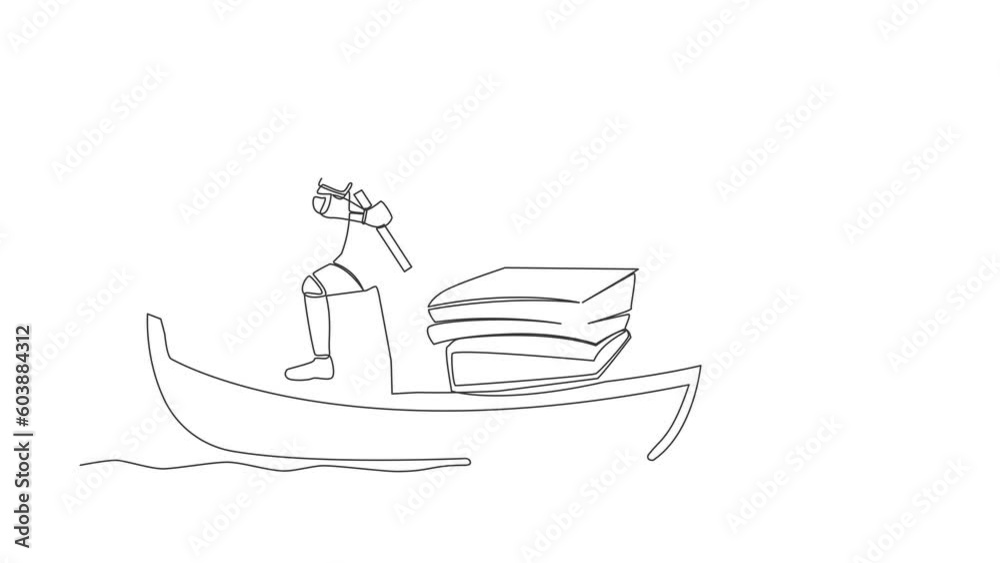 Poster animated self drawing of continuous line draw robot sailing away on boat with stack of papers. manag