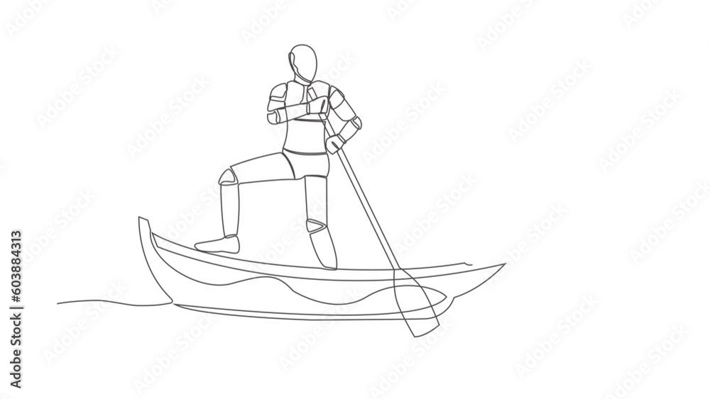 Poster self drawing animation of single line draw robot sailing away on boat with pile of dollar coins. cri