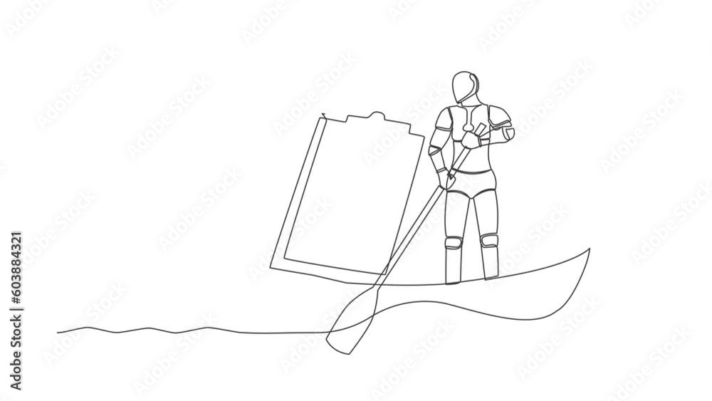 Poster animated self drawing of continuous line draw robot sailing away on boat with clipboard. shipping do