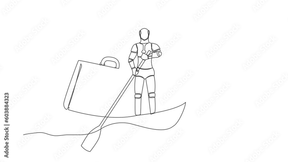 Poster self drawing animation of single line draw of robot sailing away on boat with briefcase. take break 