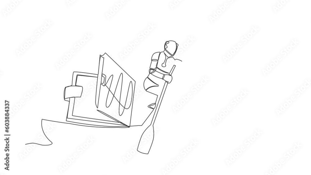 Poster animated self drawing of continuous line draw robot sailing away on boat with wallet. problem in tec