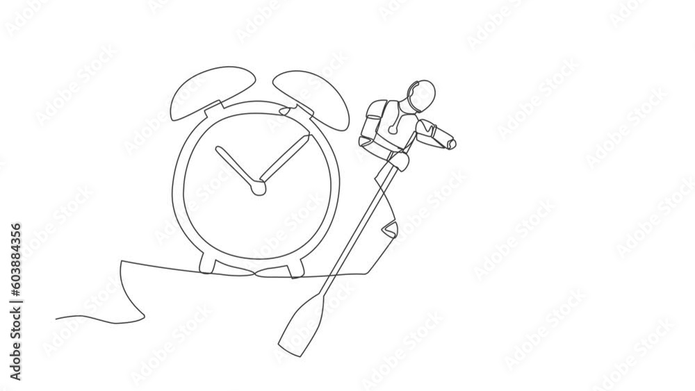 Poster self drawing animation of single line draw robot sailing away on boat with alarm clock. time managem