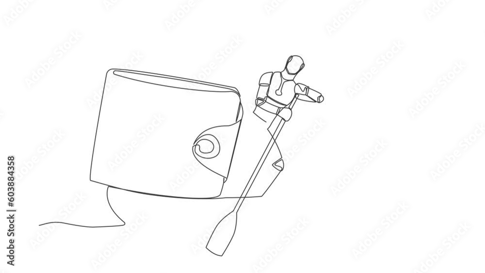 Poster animated self drawing of continuous line draw robot sailing away on boat with purse. money managemen