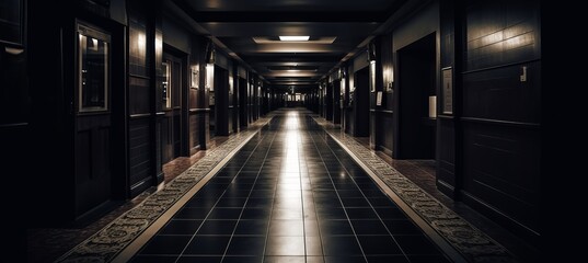 Fototapeta na wymiar Empty hallway of classic hotel corridor melancholic background. Generative AI technology. 