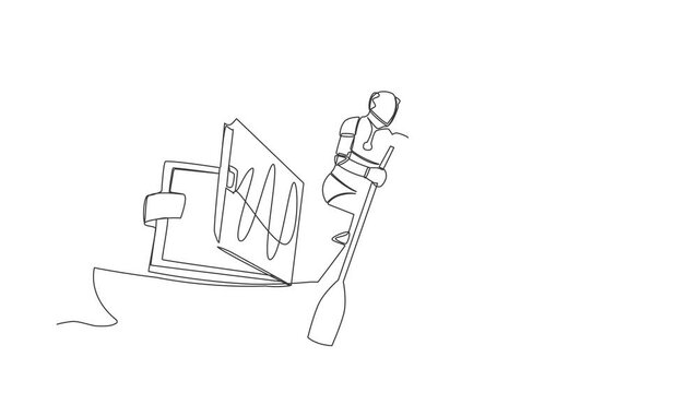 Animated self drawing of continuous line draw robot sailing away on boat with wallet. Problem in tech company due to economic crisis. Humanoid cybernetic organism. Full length single line animation