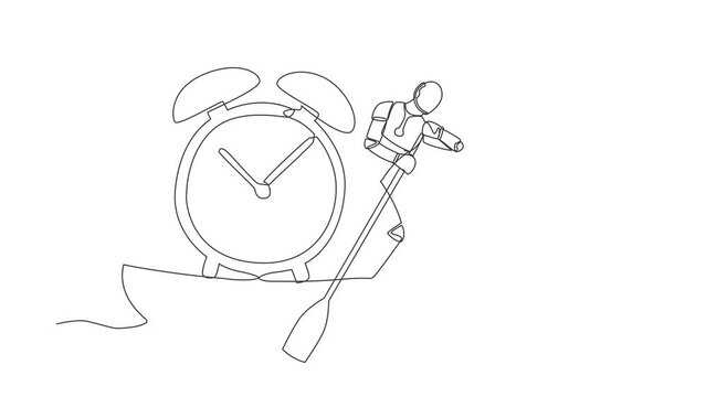 Self drawing animation of single line draw robot sailing away on boat with alarm clock. Time management in tech deadline. Robotic artificial intelligence. Continuous line draw. Full length animated