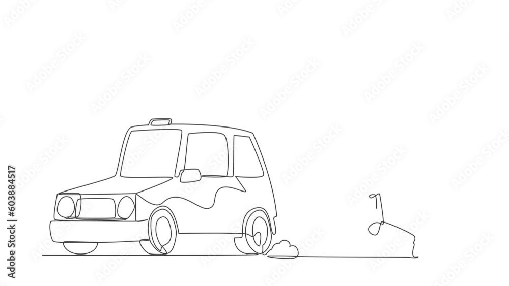 Poster self drawing animation of single line draw astronaut running chasing taxi cab in moon surface. futur
