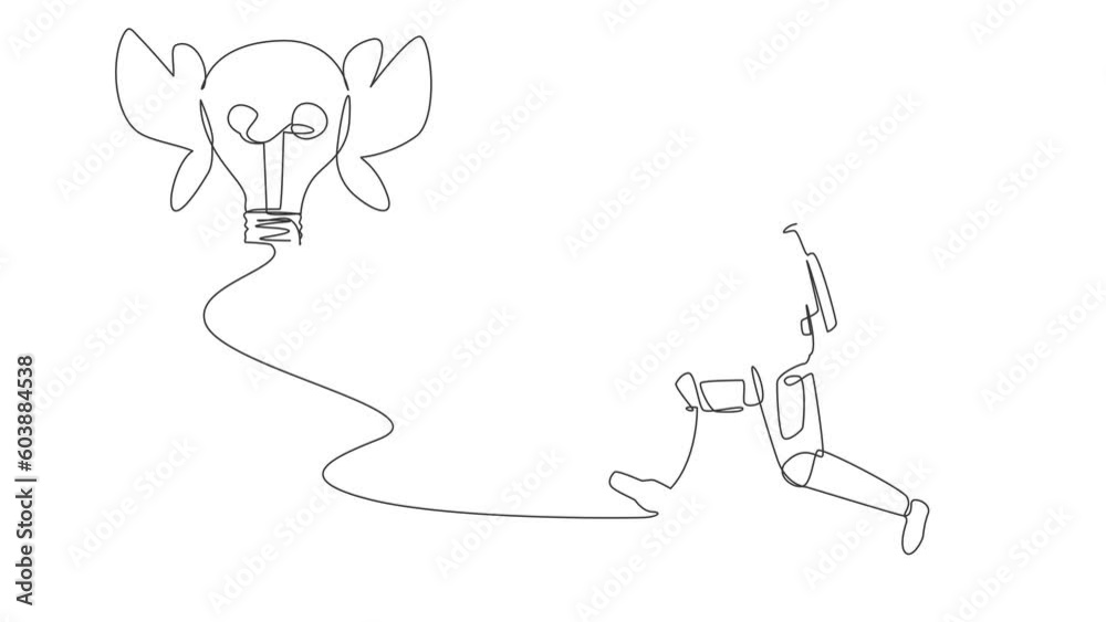 Poster self drawing animation of single one line draw astronaut chasing flying light bulb in moon surface. 