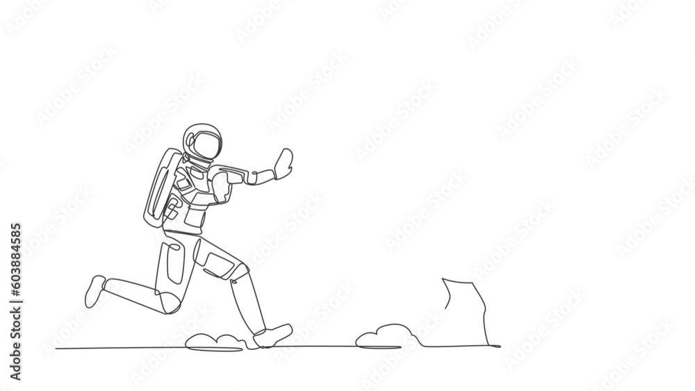 Poster self drawing animation of single line draw young astronaut chase clock time in moon surface. time ma