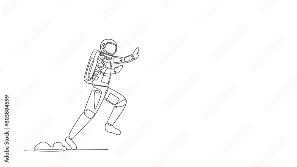 Poster self drawing animation of single line draw astronaut run chase cup in moon surface. enjoying black c