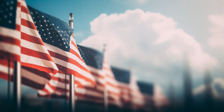 A group of american flags are in a field. Memorial day - created with Generative AI technology